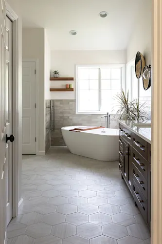 Modern bath and shower remodel with hex wood-grain tile in Camas, WA
