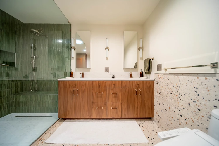 Walnut and green tile primary bath remodel in Vancouver, WA