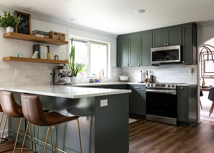 Forest green kitchen and bath remodel in Beaverton, OR